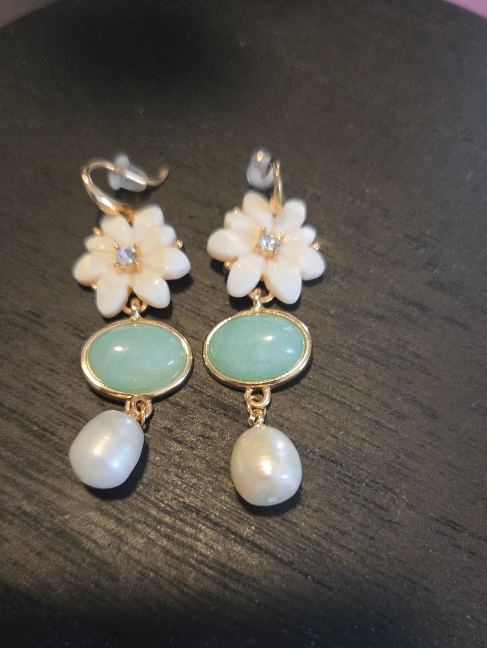 Gold-Tone Floral Drop Earrings with White Flower, Aqua Gem, and Freshwater Pearl